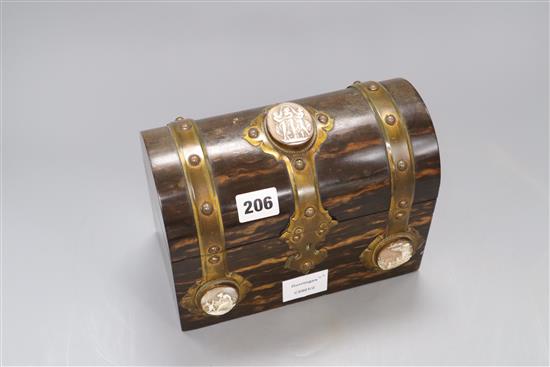 A Victorian brass bound coromandel wood stationery casket, with cameo mounts, height 17.5cm